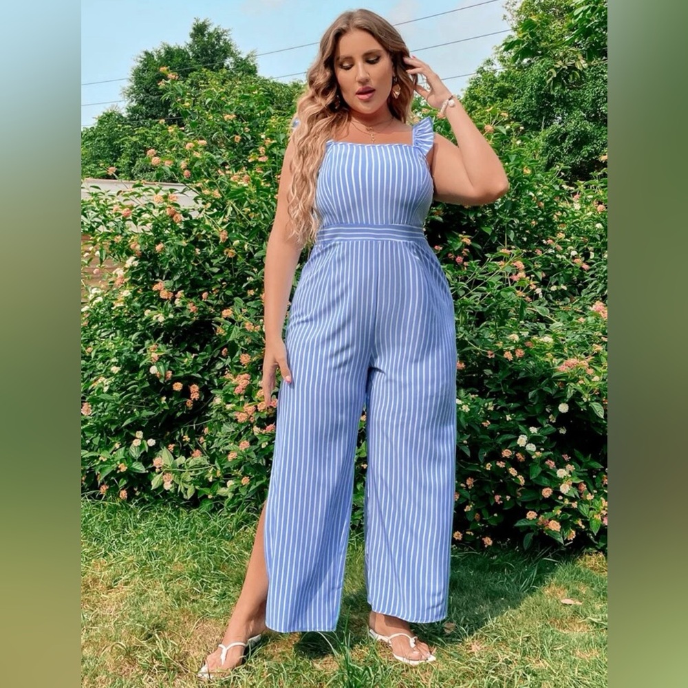 Plus Striped Ruffle Trim Jumpsuit- Size 2XL- SHEIN
